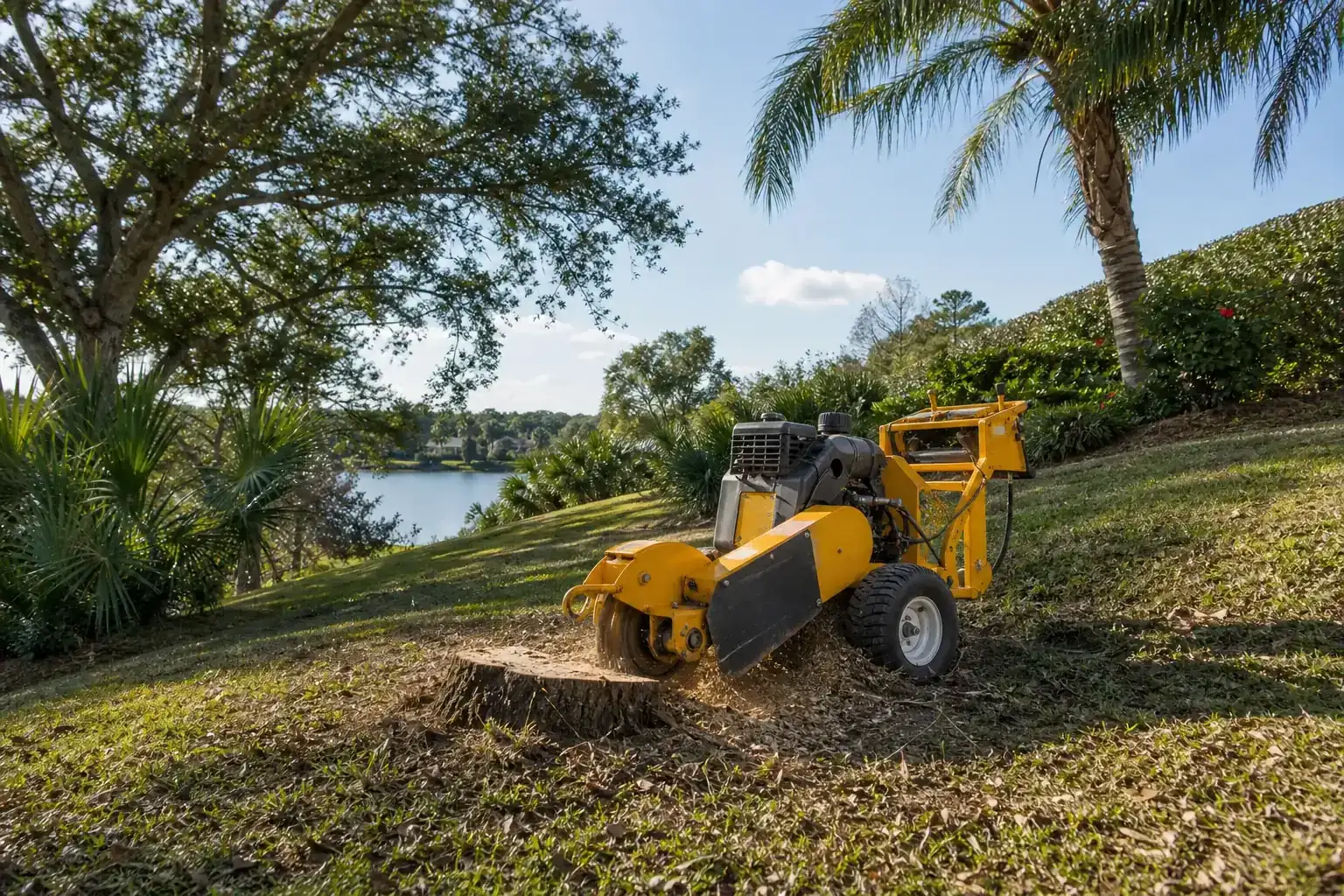 Tree stump and stump grinder in a Florida yard for how stump grinding works on a sloped florida yard