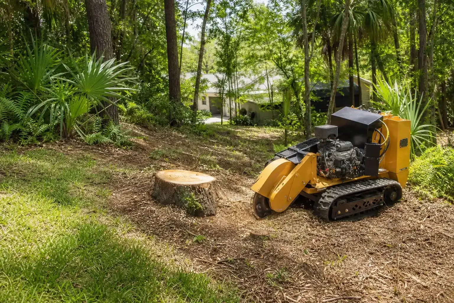 Tree stump and stump grinder in a Florida yard during a discussion of what professionals evaluate before grinding