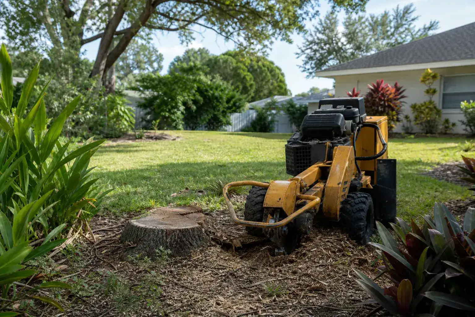 Tree stump and stump grinder in a Florida yard during a discussion of benefits of stump grinding for homes in port orange, fl Tree stump and stump grinder in a Florida yard during a discussion of benefits of stump grinding for homes in port orange, fl