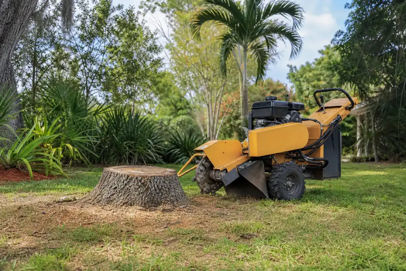Tree stump and stump grinder in a Florida yard for stump grinding port orange fl for homes Tree stump and stump grinder in a Florida yard for stump grinding port orange fl for homes