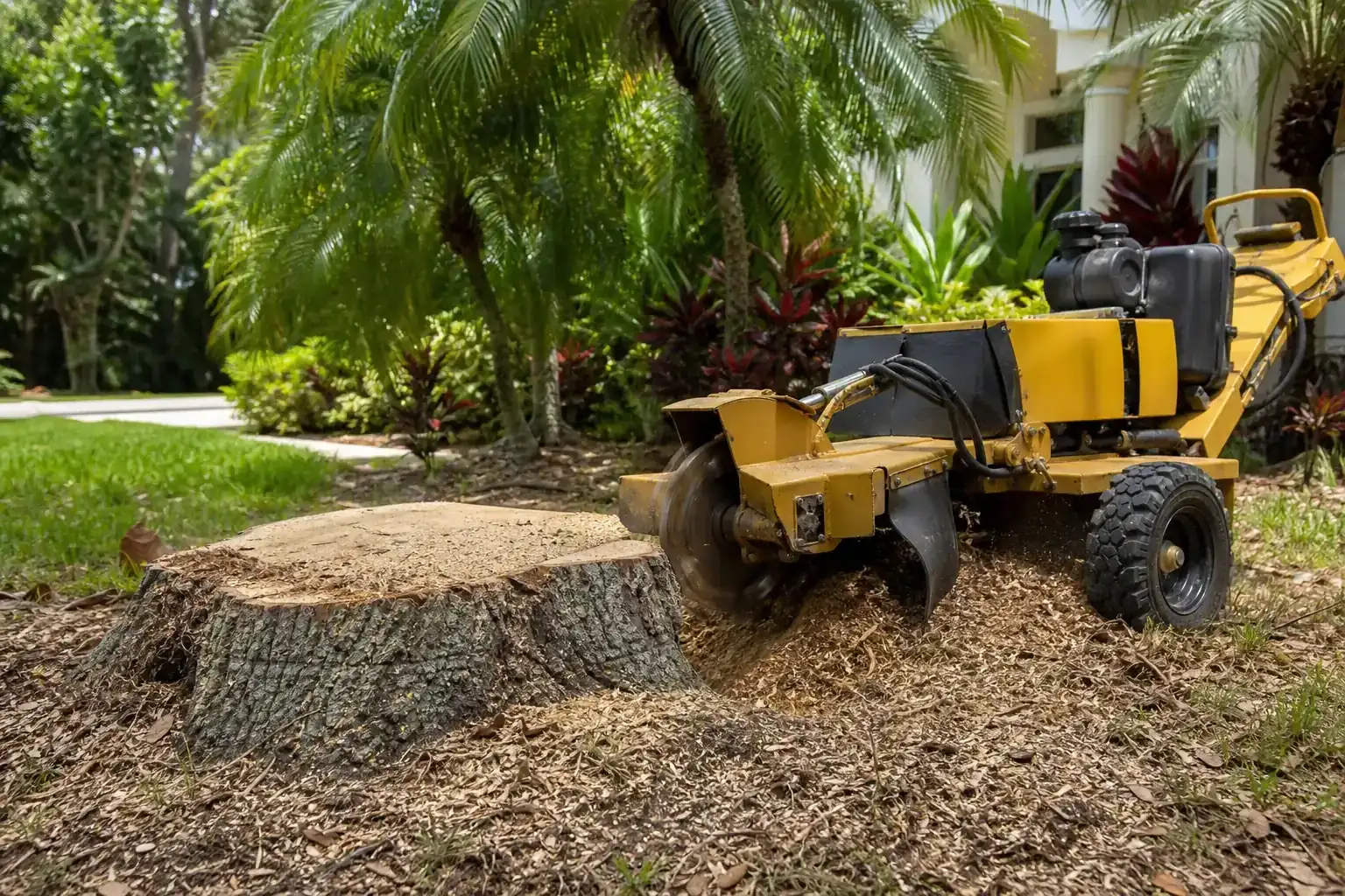 Tree stump and stump grinder in a Florida yard illustrating understanding stump grinding services in port orange, fl Tree stump and stump grinder in a Florida yard illustrating understanding stump grinding services in port orange, fl