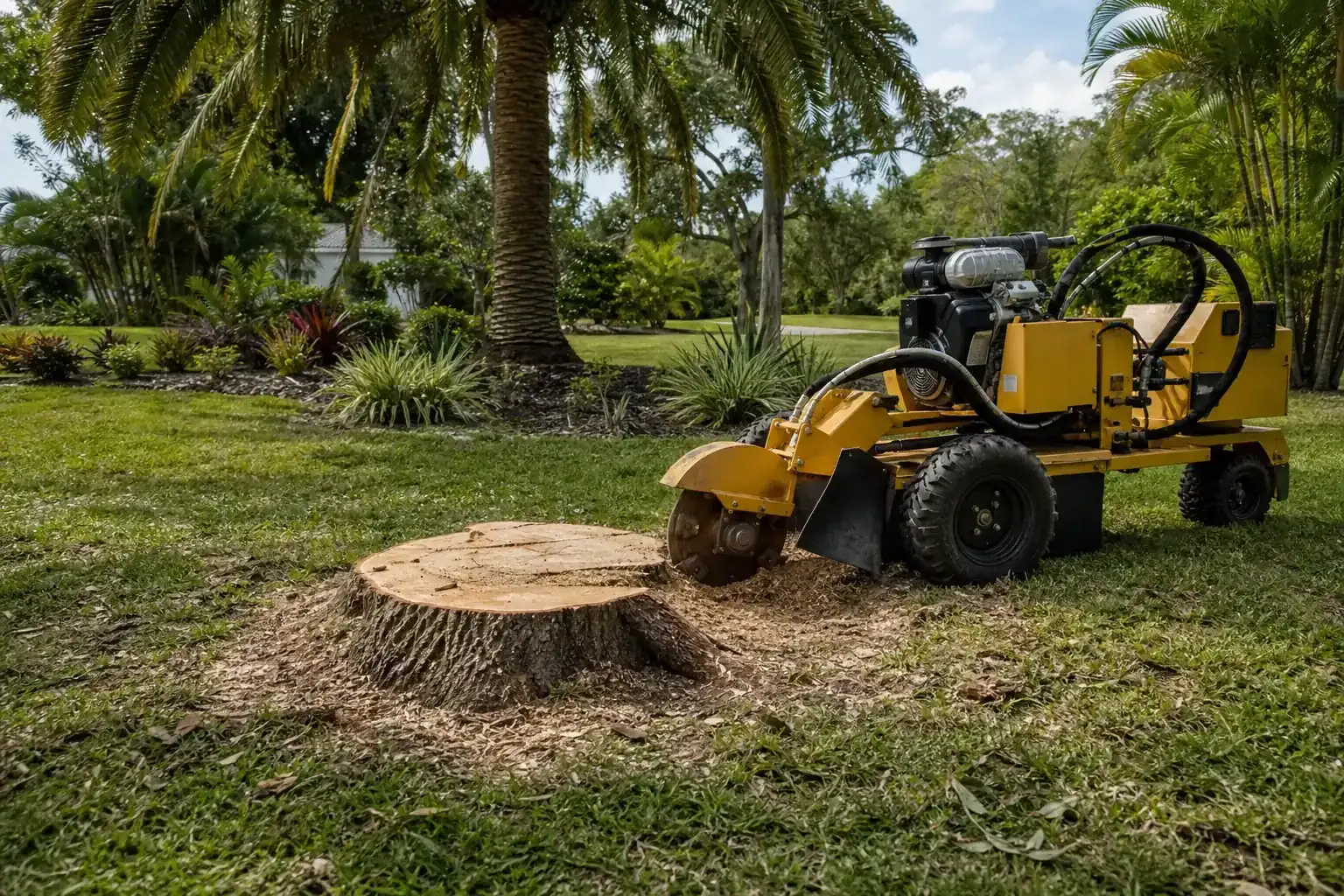 Tree stump and stump grinder in a Florida yard during a discussion of benefits of hiring local experts Tree stump and stump grinder in a Florida yard during a discussion of benefits of hiring local experts