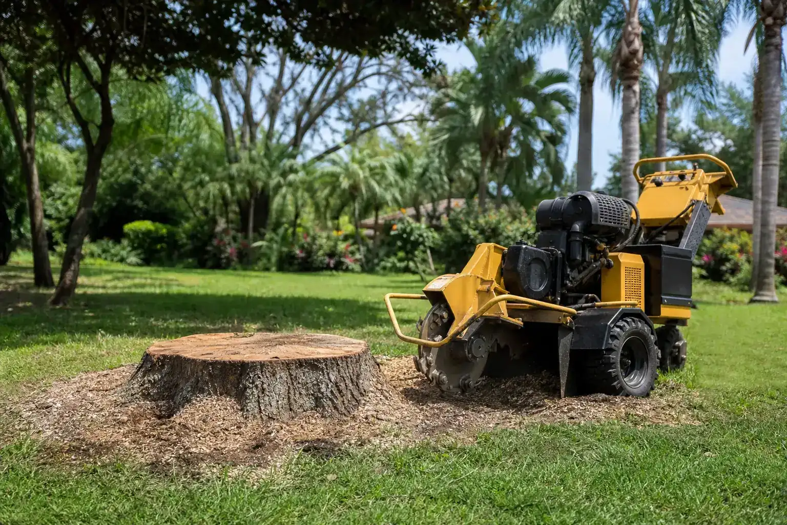 Tree stump and stump grinder in a Florida yard for stump grinding services near me | clear your yard Tree stump and stump grinder in a Florida yard for stump grinding services near me | clear your yard