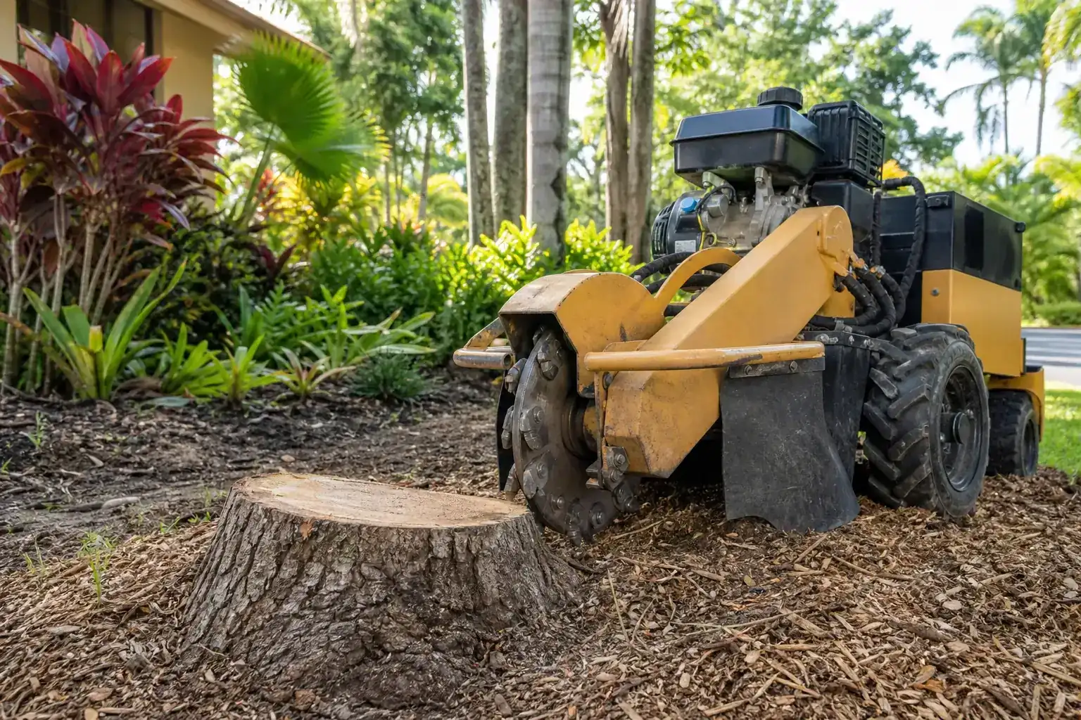 Tree stump and stump grinder in a Florida yard illustrating understanding stump grinding: what you need to know Tree stump and stump grinder in a Florida yard illustrating understanding stump grinding: what you need to know