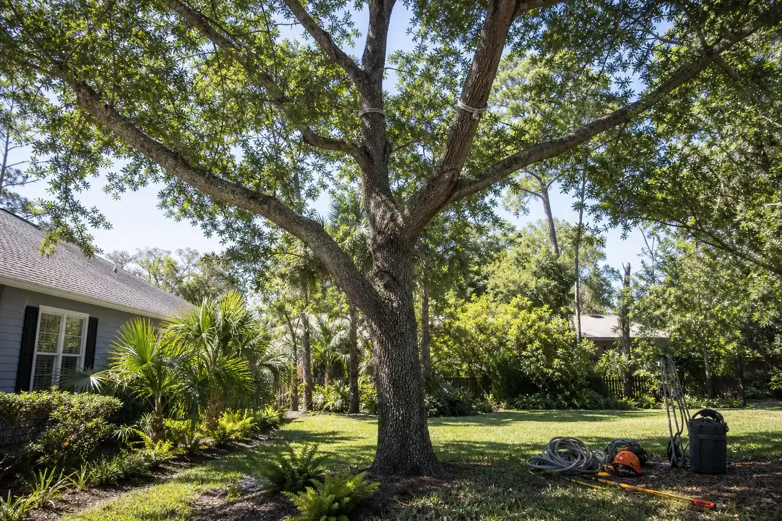 Mature Florida tree in a residential yard during a discussion of what cabling and bracing does (and what it doesn’t) Mature Florida tree in a residential yard during a discussion of what cabling and bracing does (and what it doesn’t)