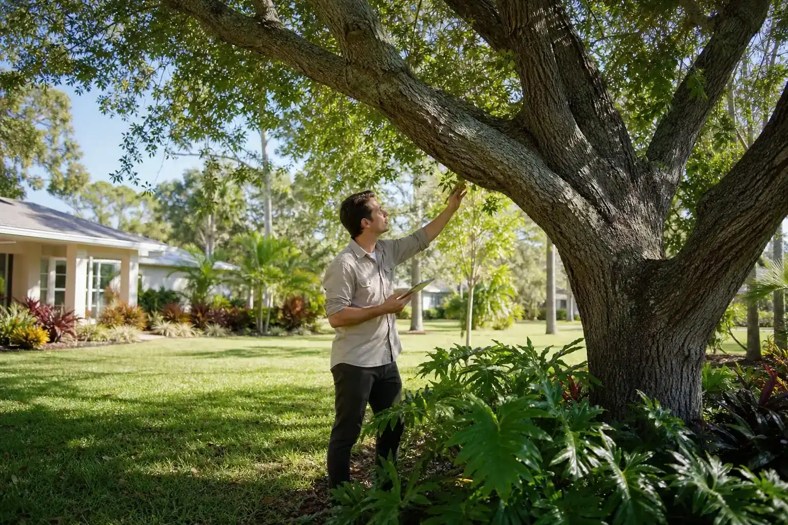 Tree care professional inspecting a mature shade tree during a discussion of certified arborist services for coastal florida trees