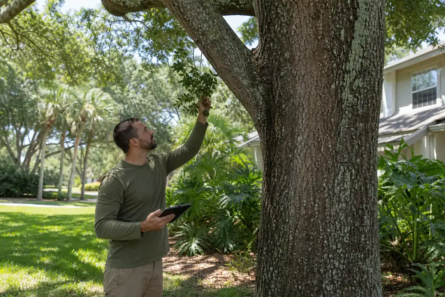 Tree care professional inspecting a mature shade tree for tree inspection before home sale in daytona beach Tree care professional inspecting a mature shade tree for tree inspection before home sale in daytona beach