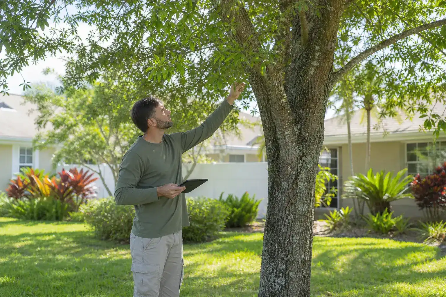 Tree care professional inspecting a mature shade tree during a discussion of what does a tree inspection involve? Tree care professional inspecting a mature shade tree during a discussion of what does a tree inspection involve?