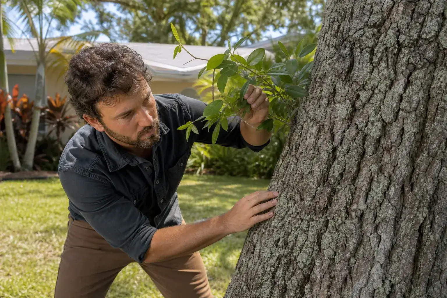 Tree care professional inspecting a mature shade tree illustrating why tree inspections matter before selling your home Tree care professional inspecting a mature shade tree illustrating why tree inspections matter before selling your home