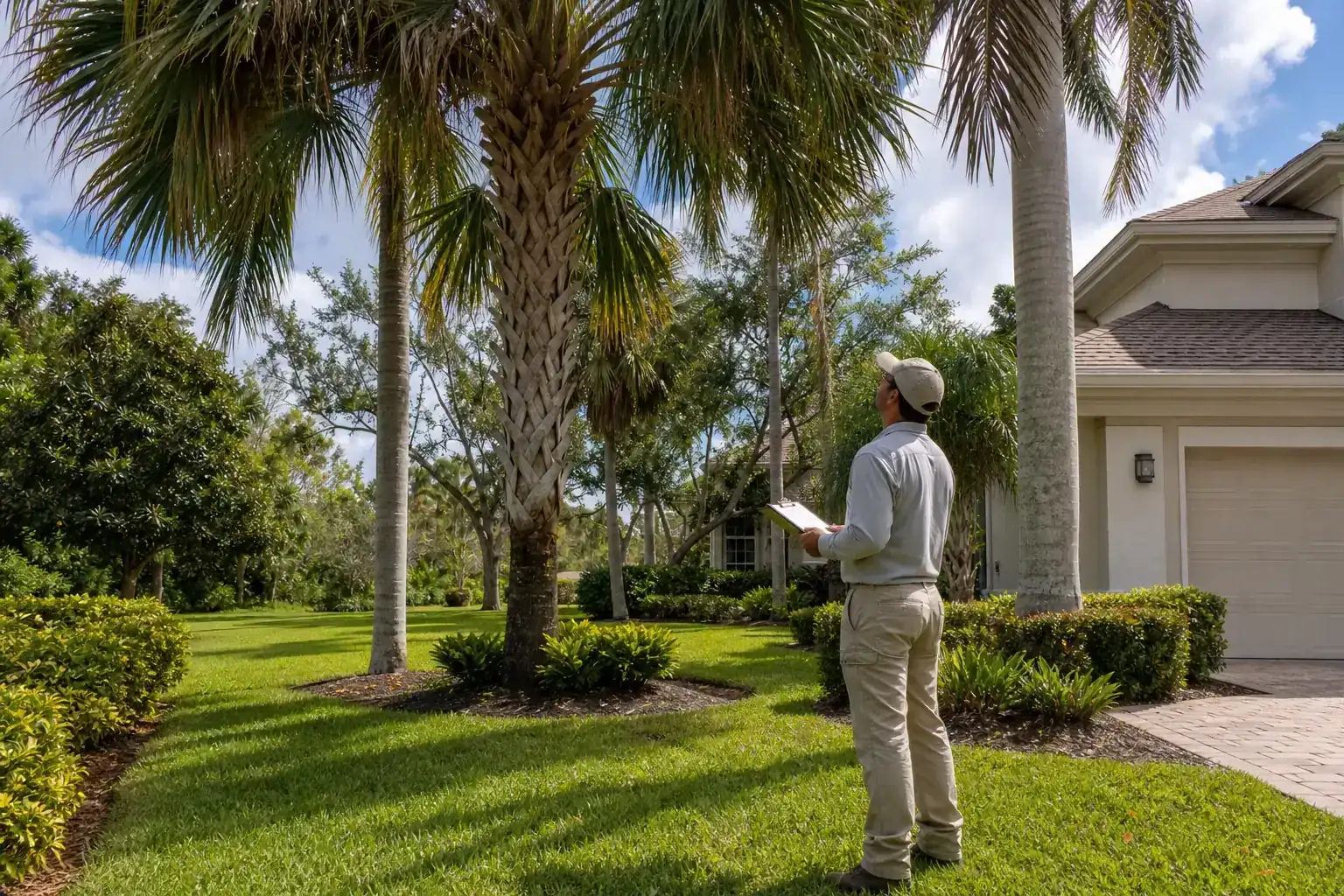 Palm trees in a Central Florida yard during a discussion of what does a tree inspection involve? Palm trees in a Central Florida yard during a discussion of what does a tree inspection involve?