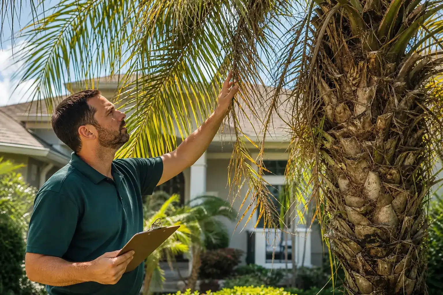 Palm trees in a Central Florida yard illustrating why tree inspections matter before selling your palm coast property Palm trees in a Central Florida yard illustrating why tree inspections matter before selling your palm coast property