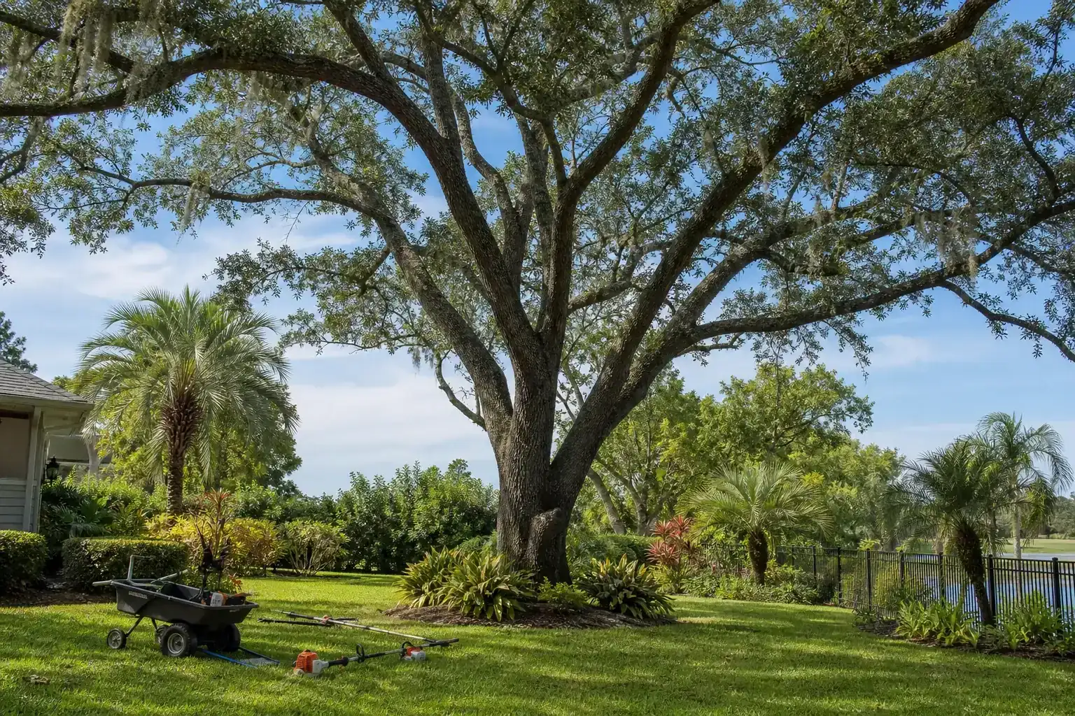 Mature Florida tree in a residential yard for tree maintenance services in daytona beach, fl