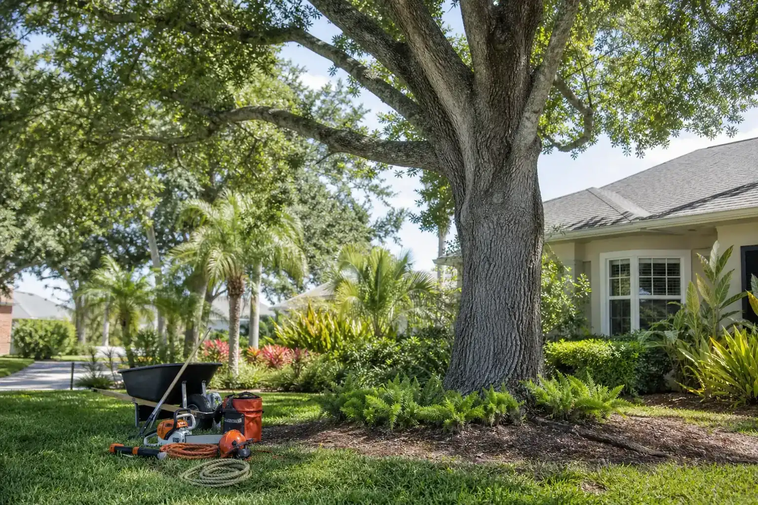 Mature Florida tree in a residential yard illustrating overview of tree maintenance in daytona beach fl
