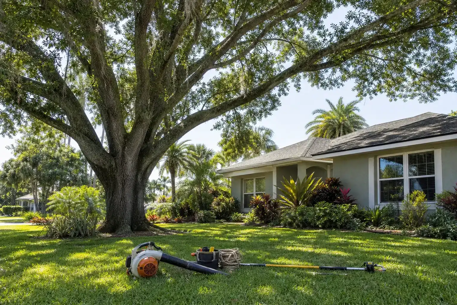Mature Florida tree in a residential yard during a discussion of seasonal tree care needs in coastal florida