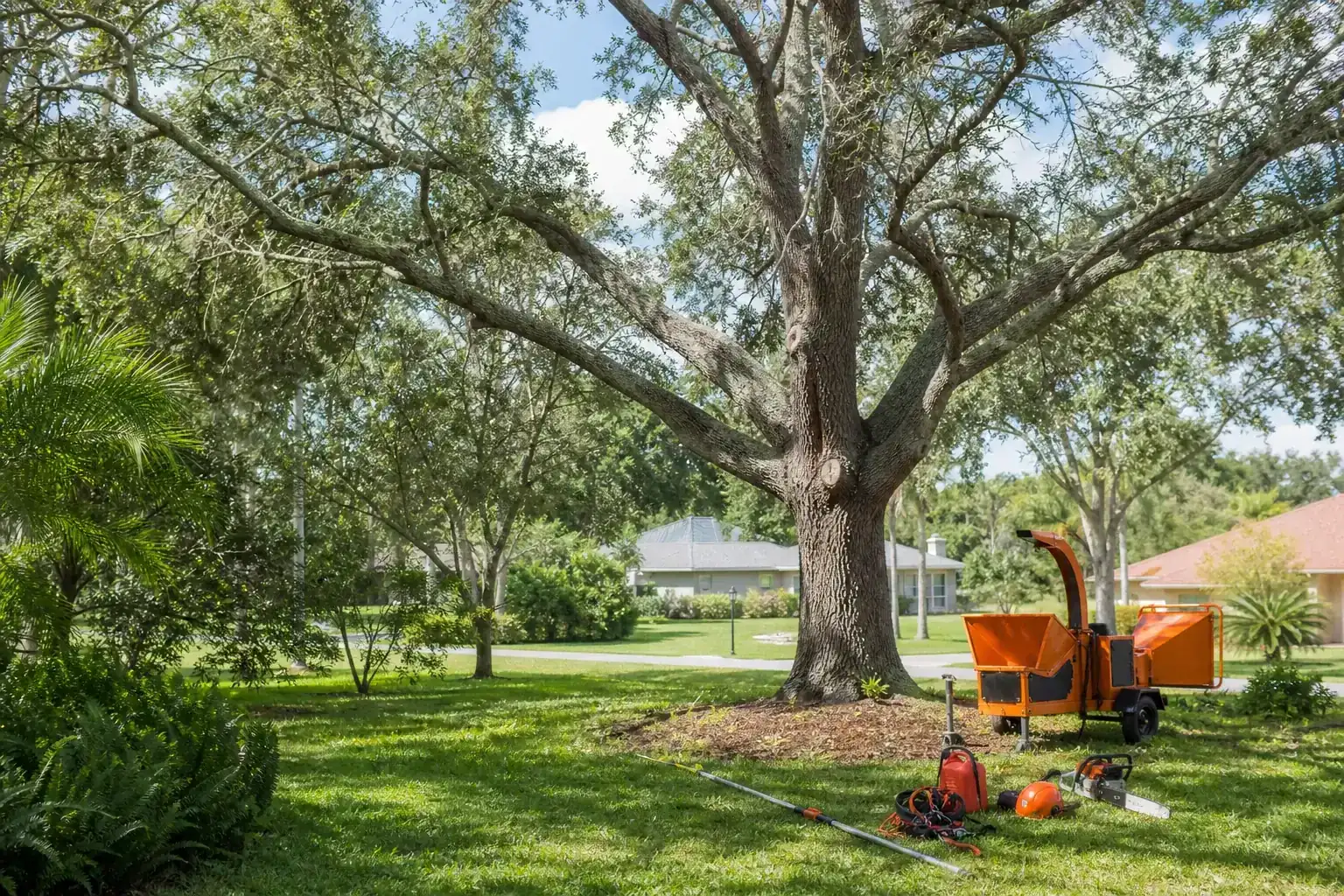 Mature Florida tree in a residential yard for what to know about tree removal after a sinkhole in deltona