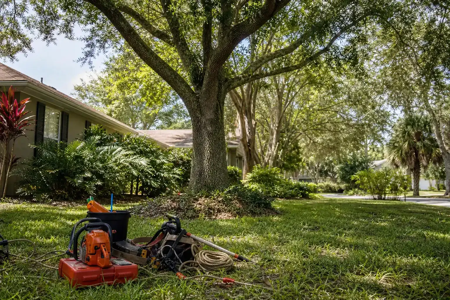 Mature Florida tree in a residential yard during a discussion of warning signs around trees and soil