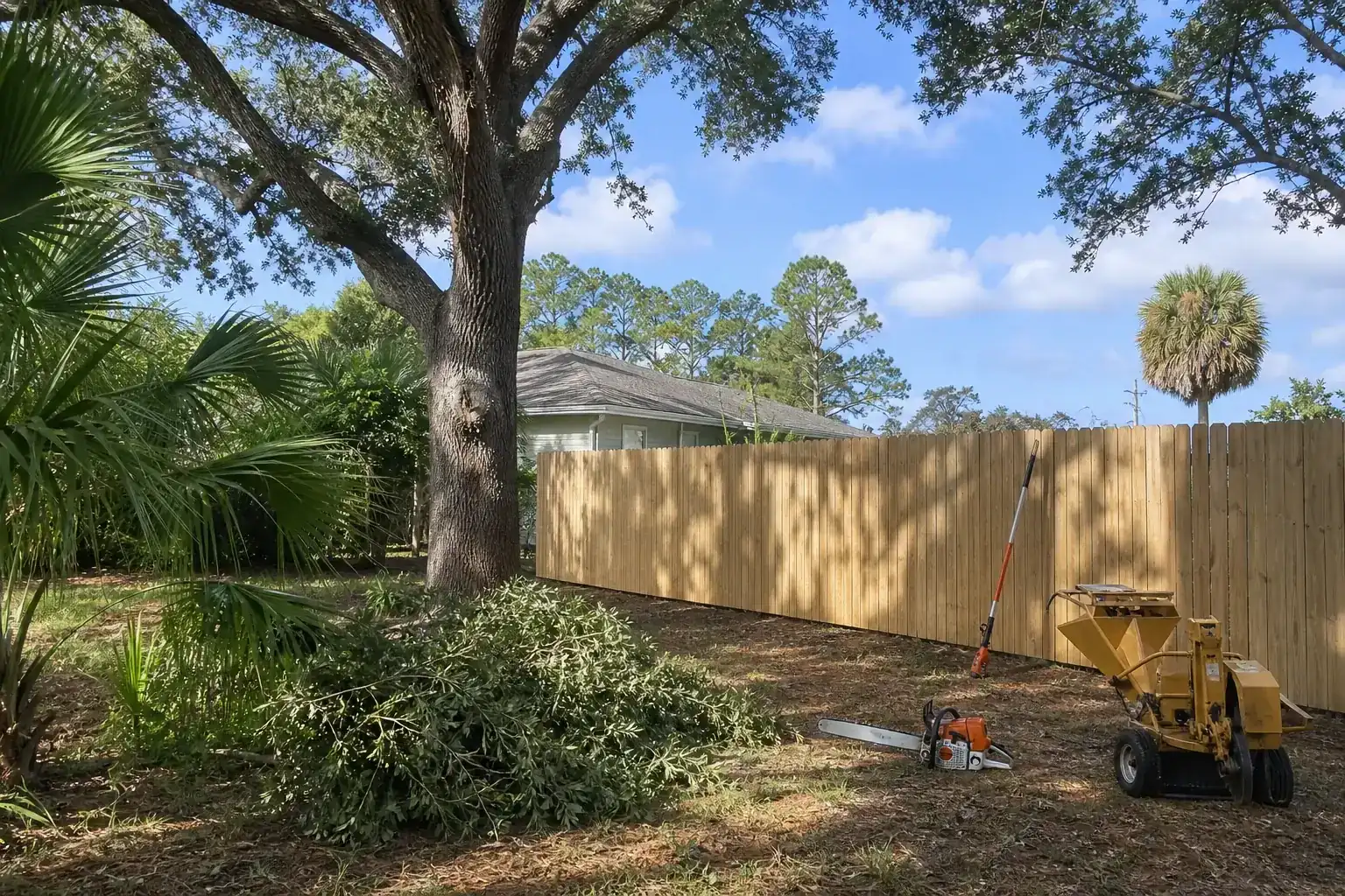 Mature Florida tree in a residential yard illustrating why tree removal matters before fence installation