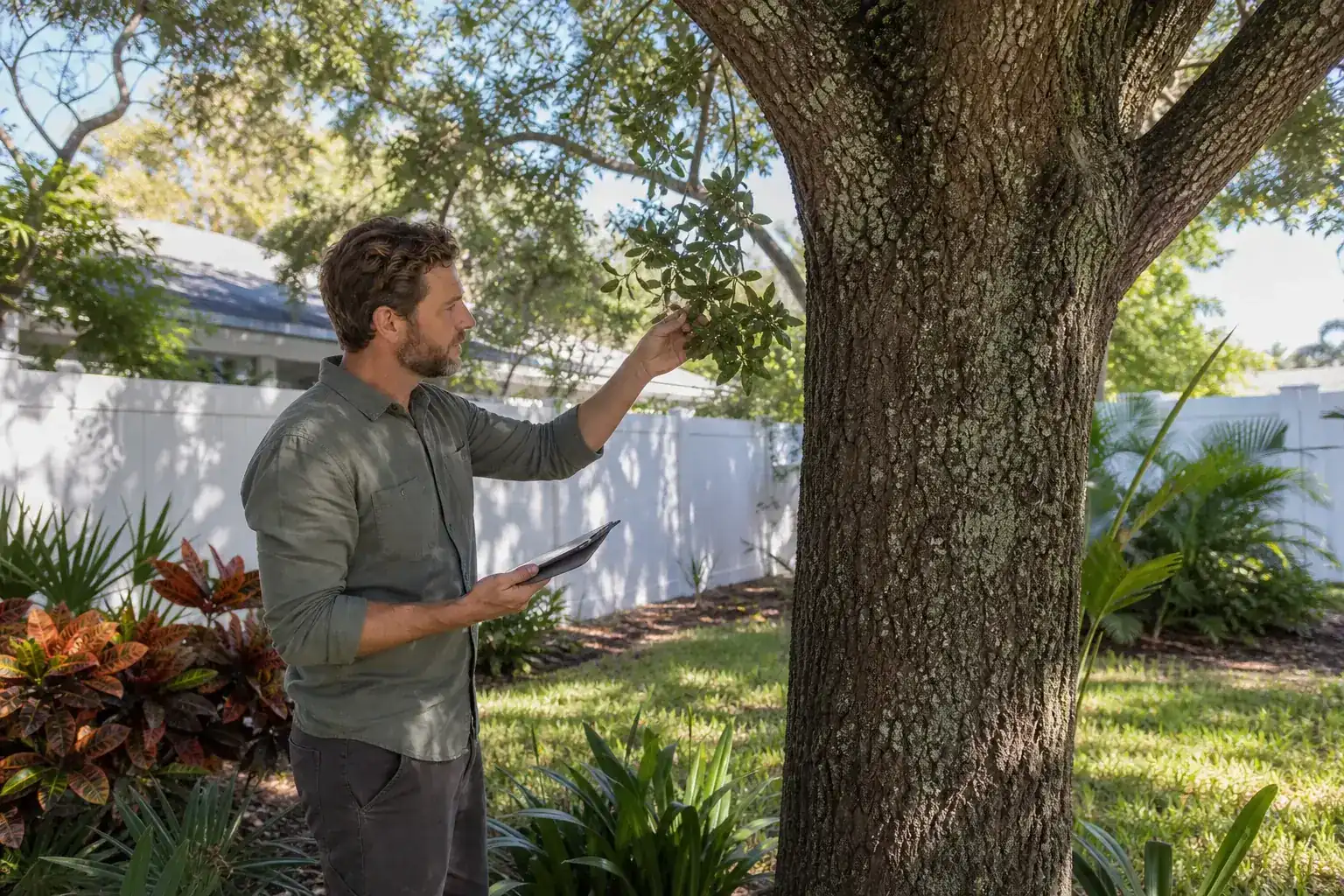 Tree care professional inspecting a mature shade tree during a discussion of assessing your property: the role of arborist reports Tree care professional inspecting a mature shade tree during a discussion of assessing your property: the role of arborist reports