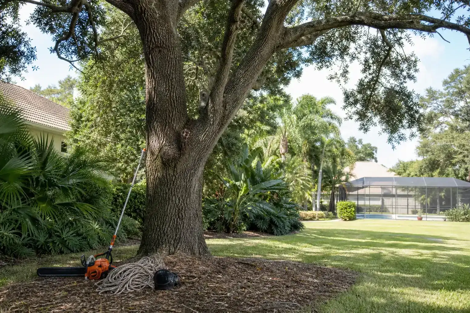 Mature Florida tree in a residential yard illustrating why tree removal is essential before pool installation Mature Florida tree in a residential yard illustrating why tree removal is essential before pool installation