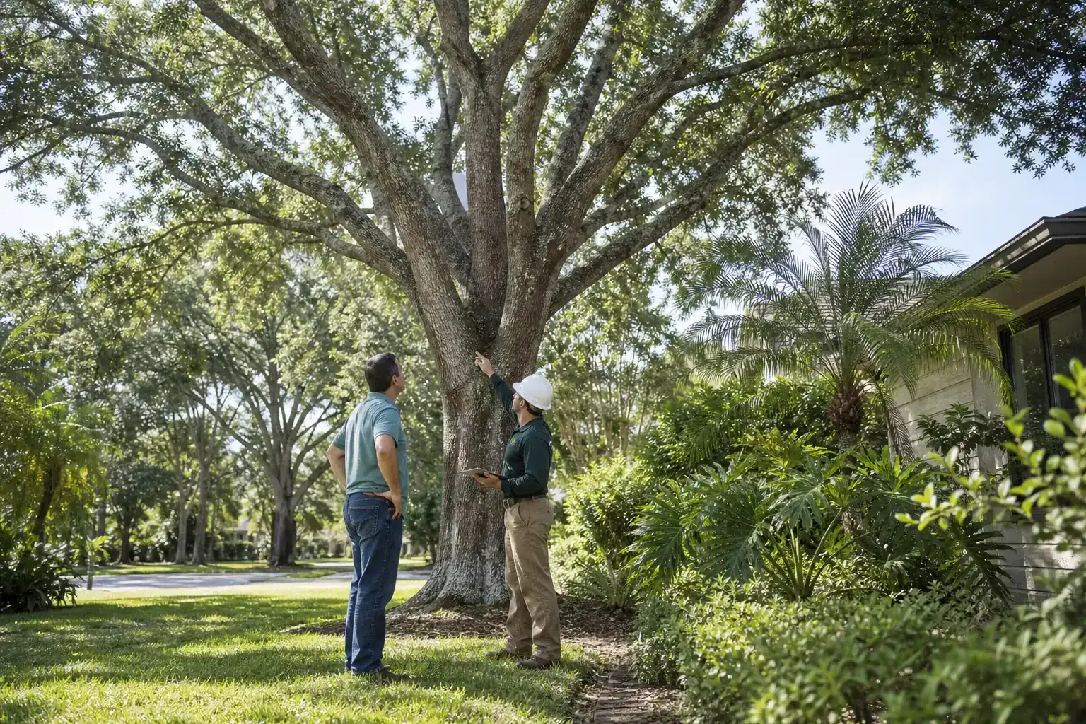 Homeowner and tree care professional discussing a Florida tree for tree removal in oviedo fl | fast, affordable help