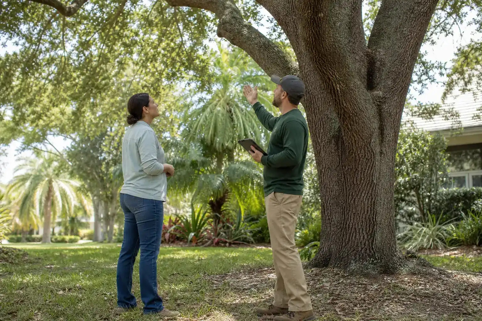 Homeowner and tree care professional discussing a Florida tree illustrating understanding tree removal services in oviedo, fl