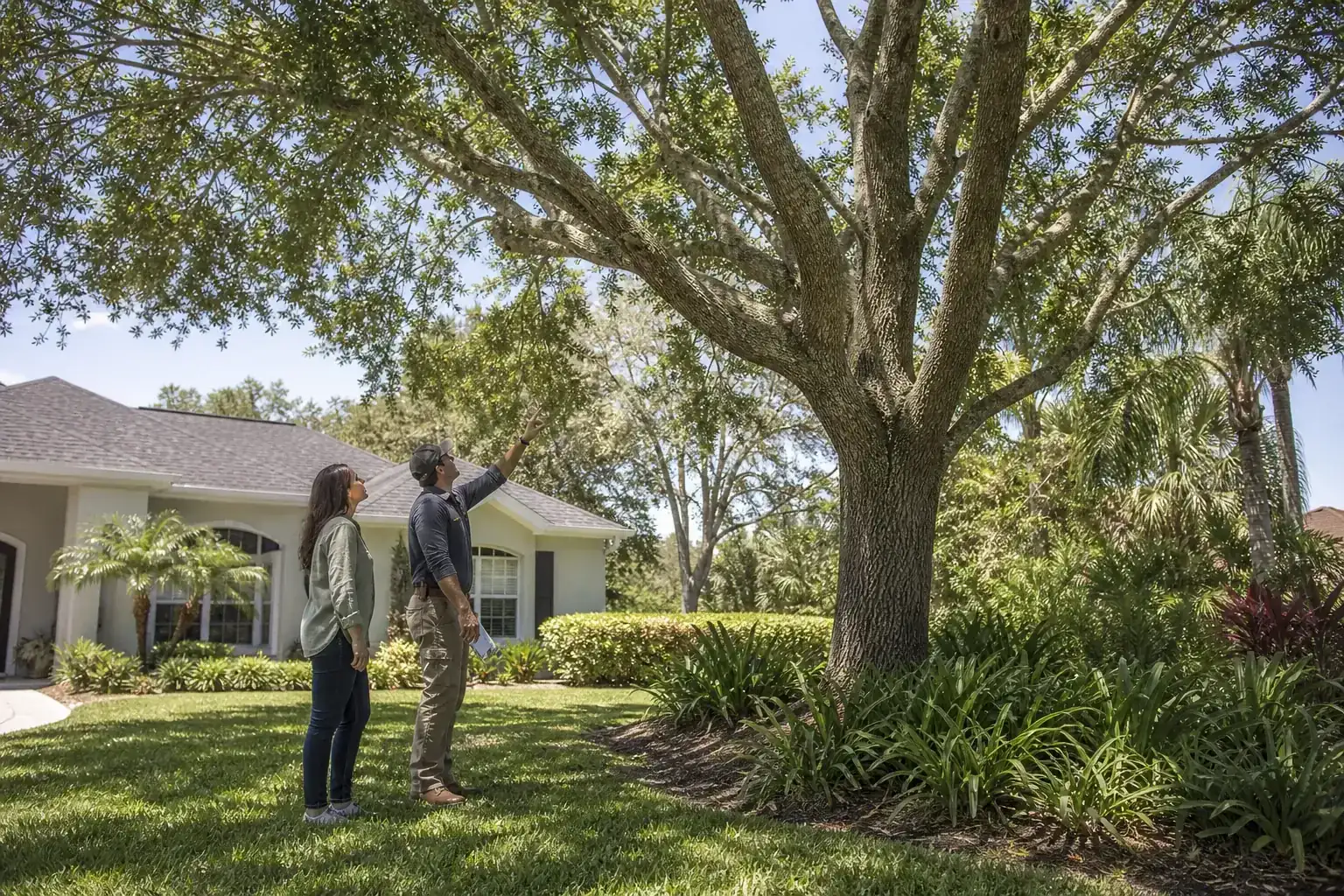 Homeowner and tree care professional discussing a Florida tree during a discussion of why choose tree removal in oviedo, fl