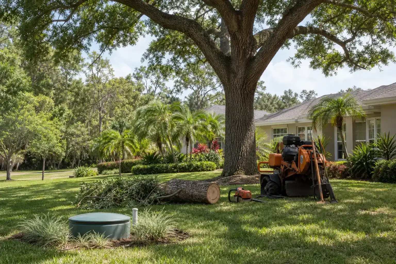 Mature Florida tree in a residential yard for how to handle tree removal near a septic tank