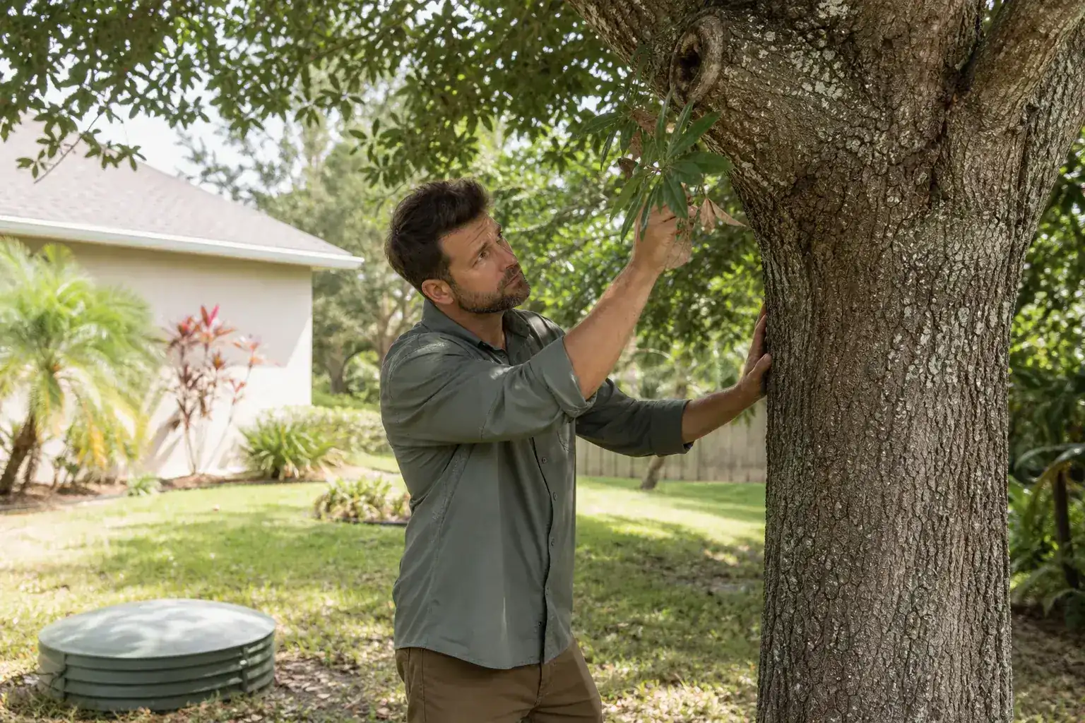 Tree care professional inspecting a mature shade tree during a discussion of what an arborist evaluates before removal