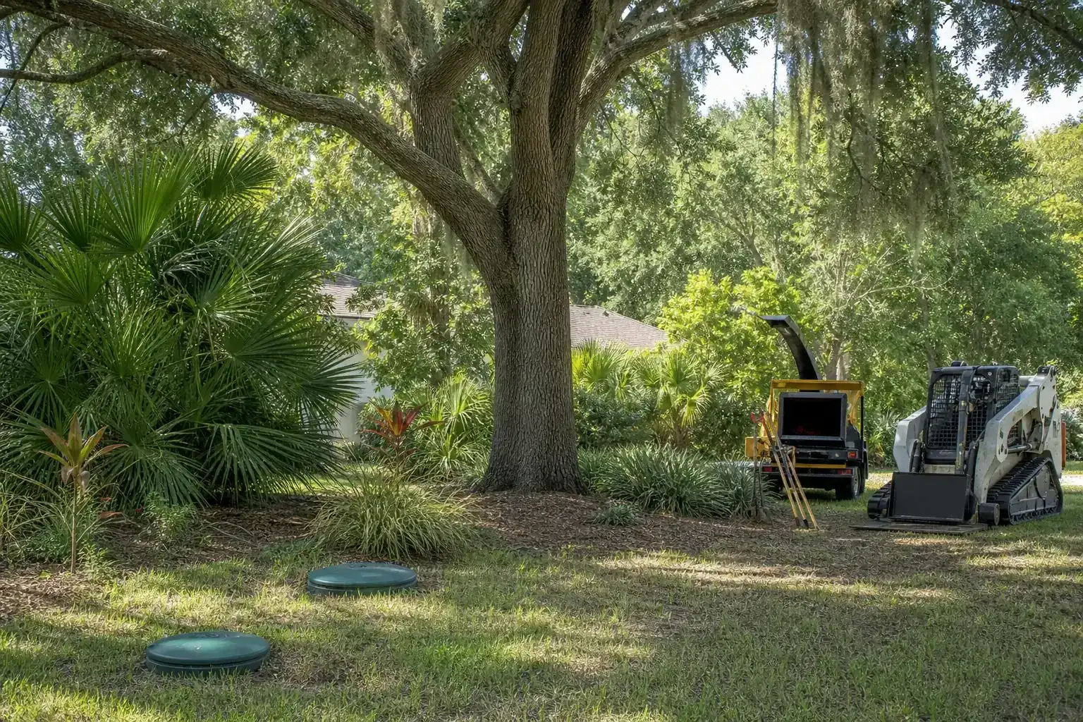 Mature Florida tree in a residential yard illustrating why septic systems change the removal plan