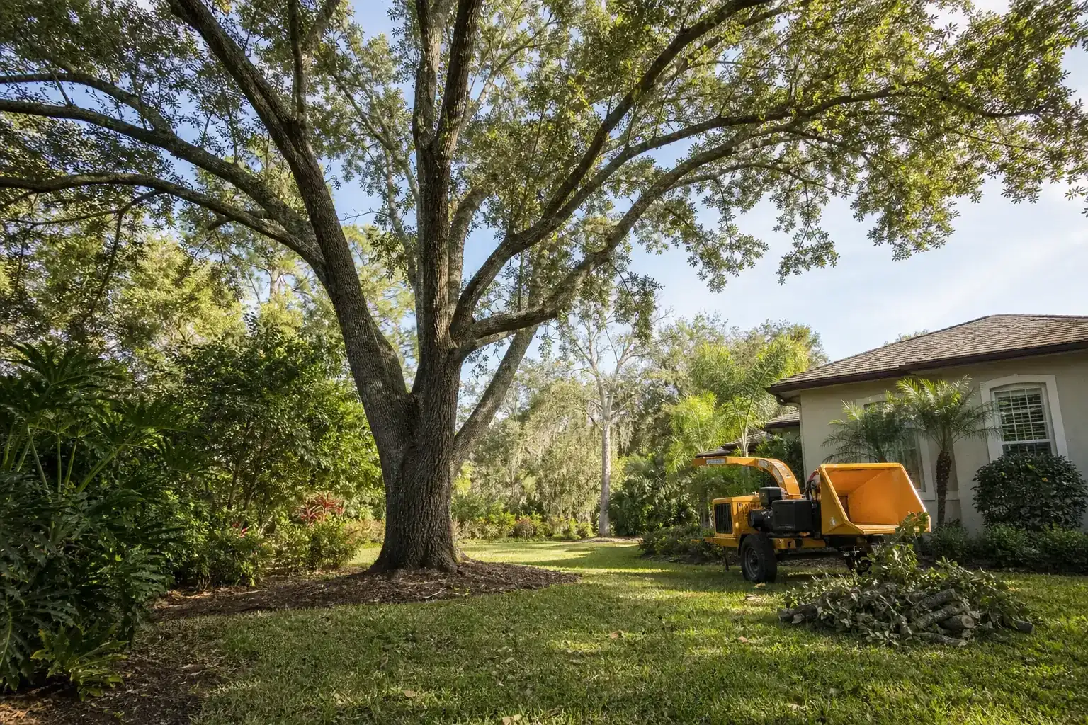 Mature Florida tree in a residential yard during a discussion of the importance of hiring licensed professionals Mature Florida tree in a residential yard during a discussion of the importance of hiring licensed professionals