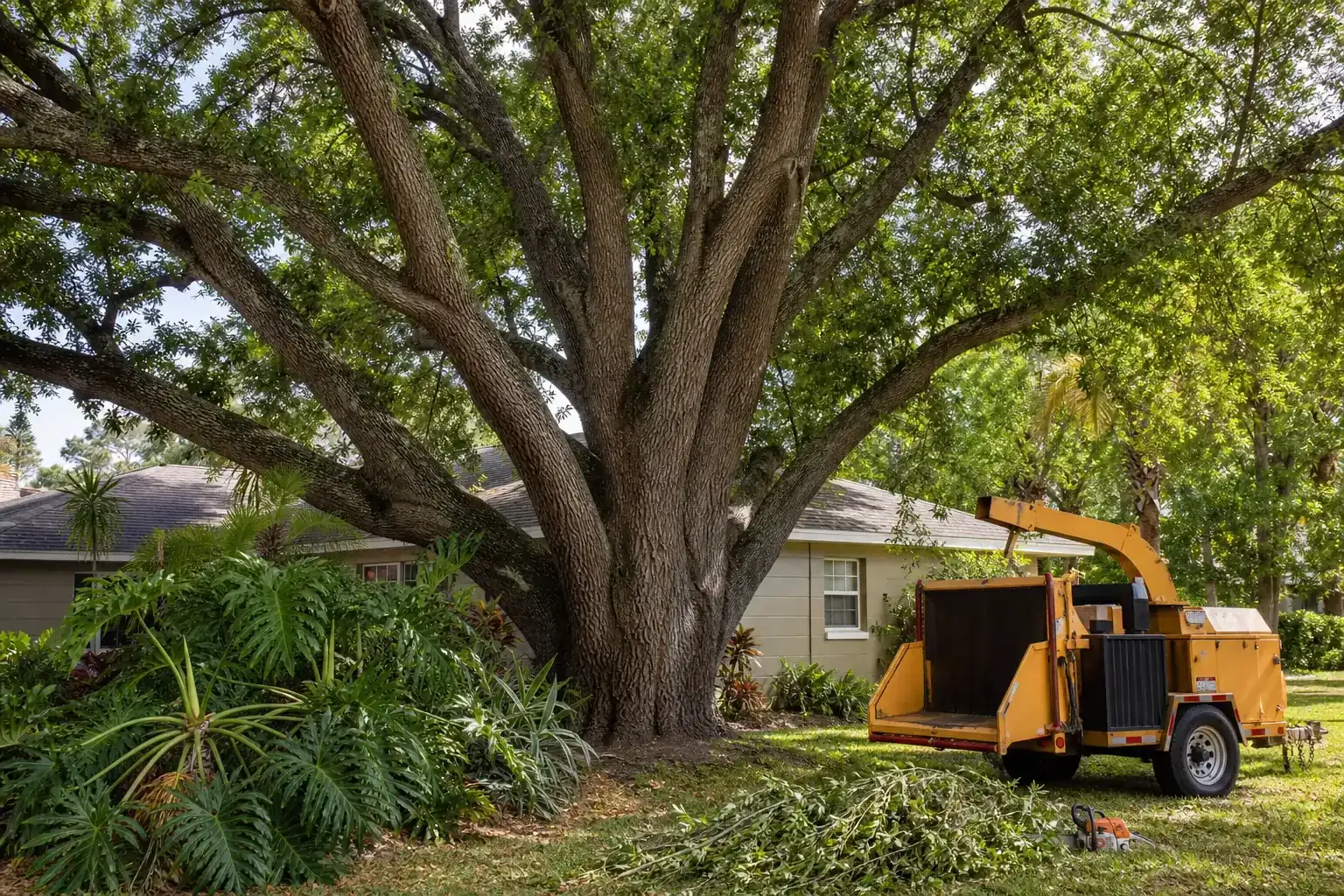 Mature Florida tree in a residential yard illustrating understanding tree removal in orange city, fl Mature Florida tree in a residential yard illustrating understanding tree removal in orange city, fl