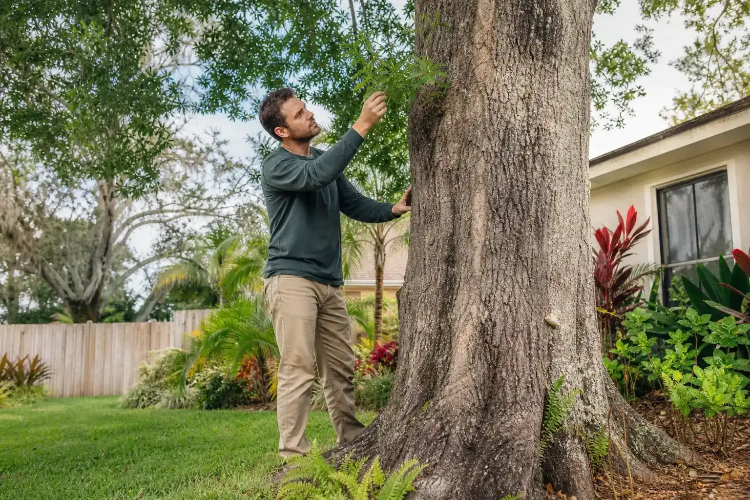 Tree care professional inspecting a mature shade tree during a discussion of document the tree before any work begins