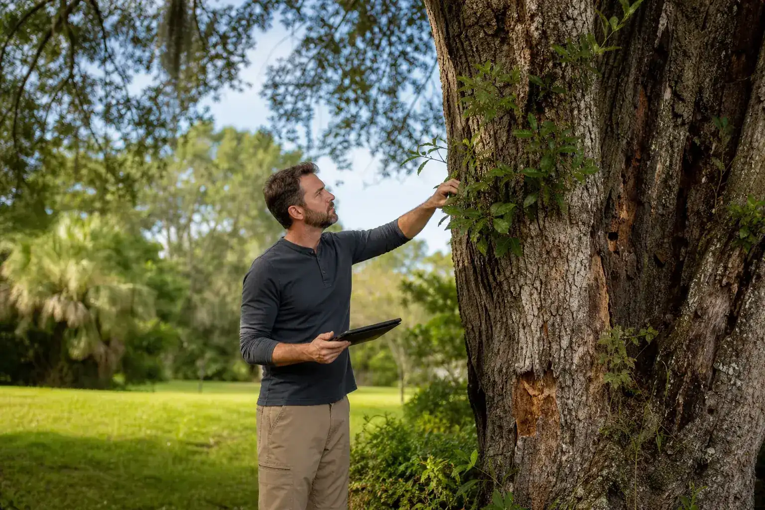Tree care professional inspecting a mature shade tree for is a permit required to remove a dead tree in deltona?