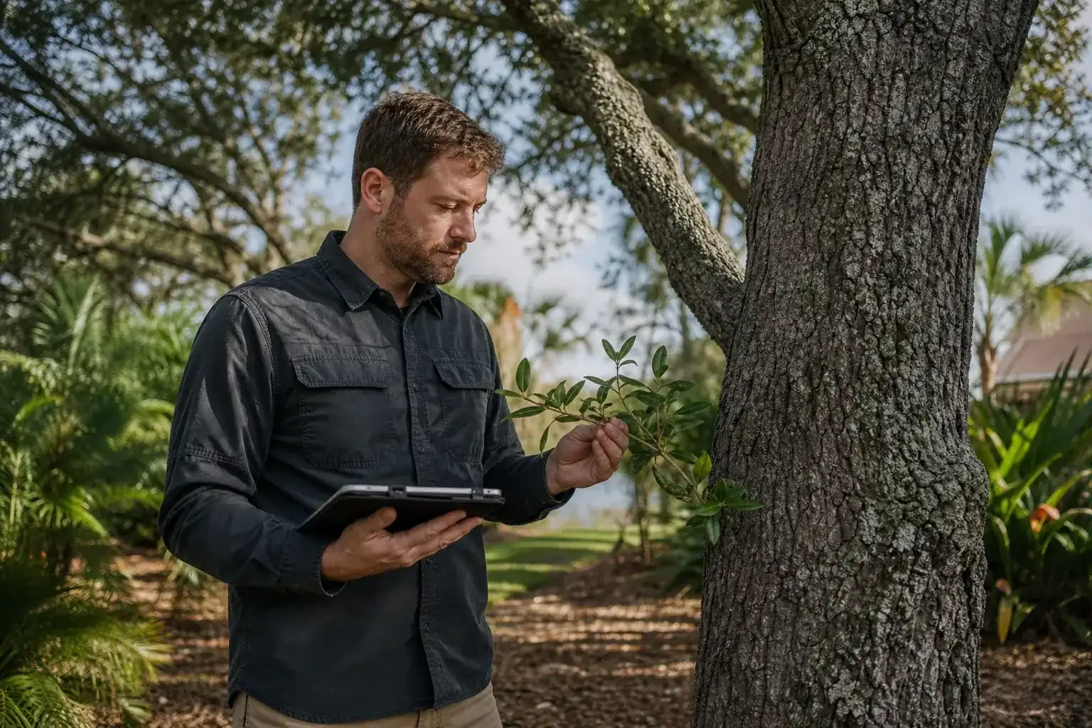 Tree care professional inspecting a mature shade tree illustrating start by confirming which local rules apply