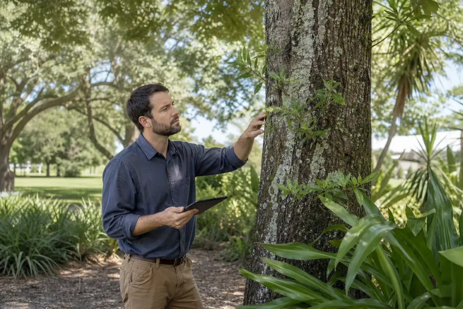 Tree care professional inspecting a mature shade tree for understanding tree removal permit requirements in volusia county Tree care professional inspecting a mature shade tree for understanding tree removal permit requirements in volusia county
