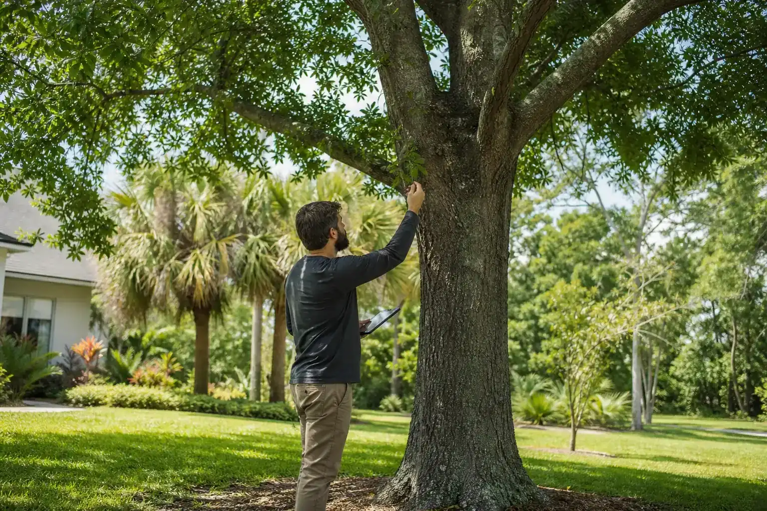 Tree care professional inspecting a mature shade tree during a discussion of when is a tree removal permit required? Tree care professional inspecting a mature shade tree during a discussion of when is a tree removal permit required?