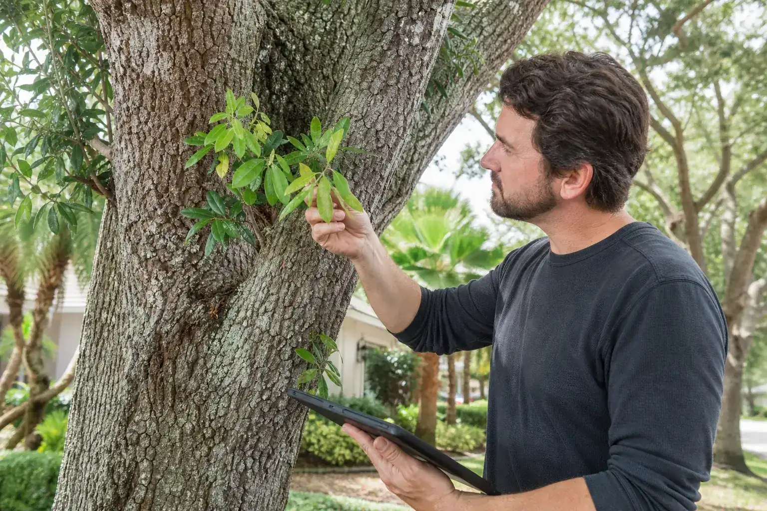 Tree care professional inspecting a mature shade tree illustrating why permits matter for tree removal in volusia county Tree care professional inspecting a mature shade tree illustrating why permits matter for tree removal in volusia county