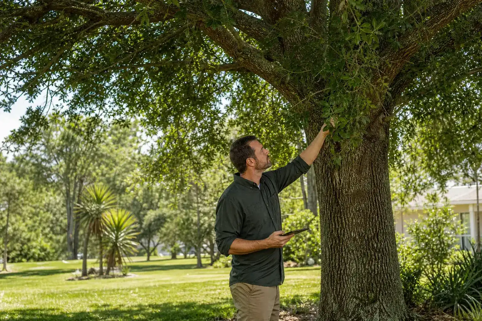 Tree care professional inspecting a mature shade tree for who handles the tree removal permit for a volusia county rental property? Tree care professional inspecting a mature shade tree for who handles the tree removal permit for a volusia county rental property?