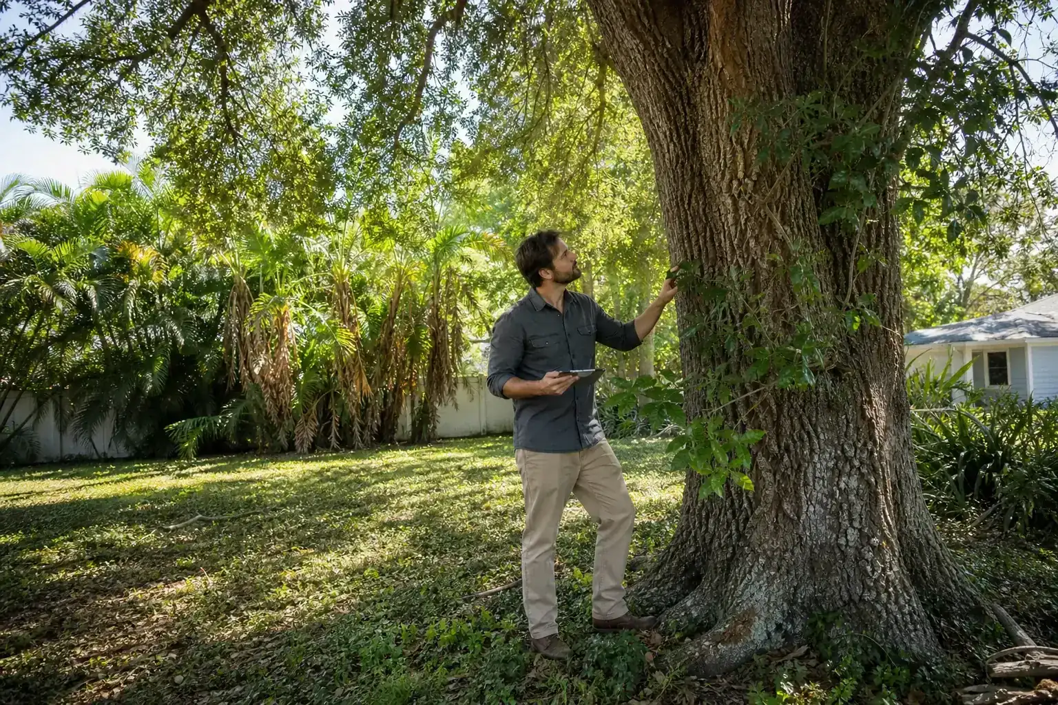 Tree care professional inspecting a mature shade tree during a discussion of review the lease and management agreement Tree care professional inspecting a mature shade tree during a discussion of review the lease and management agreement