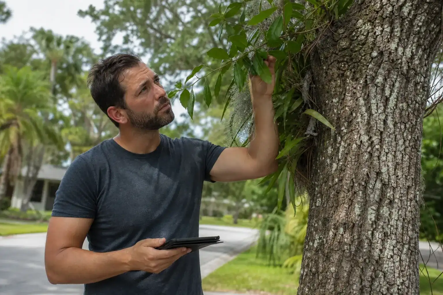 Tree care professional inspecting a mature shade tree illustrating start by identifying the property’s jurisdiction Tree care professional inspecting a mature shade tree illustrating start by identifying the property’s jurisdiction