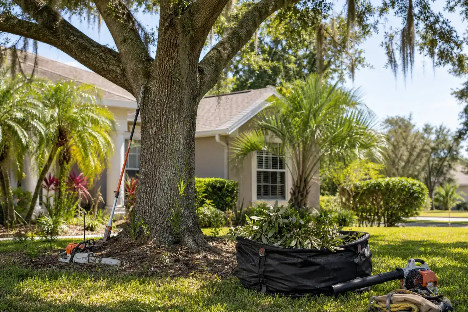 Mature Florida tree in a residential yard illustrating understanding tree removal in south daytona Mature Florida tree in a residential yard illustrating understanding tree removal in south daytona