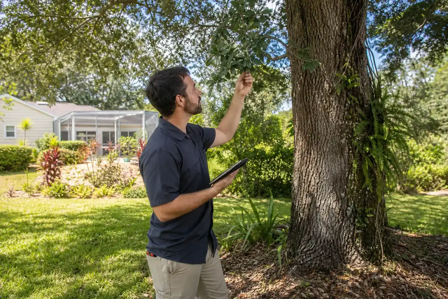 Tree care professional inspecting a mature shade tree during a discussion of why regular tree inspections matter in port orange Tree care professional inspecting a mature shade tree during a discussion of why regular tree inspections matter in port orange