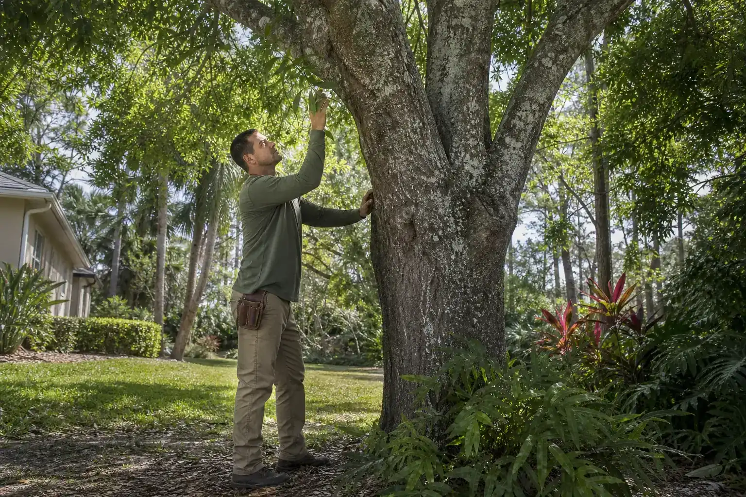 Tree care professional inspecting a mature shade tree during a discussion of key services offered by arborists in the area of central fl Tree care professional inspecting a mature shade tree during a discussion of key services offered by arborists in the area of central fl