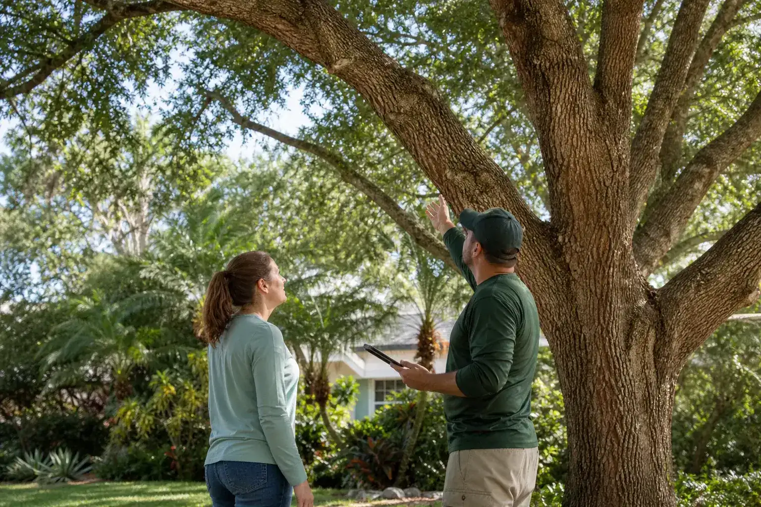 Homeowner and tree care professional discussing a Florida tree illustrating comprehensive tree care solutions in daytona beach, fl
