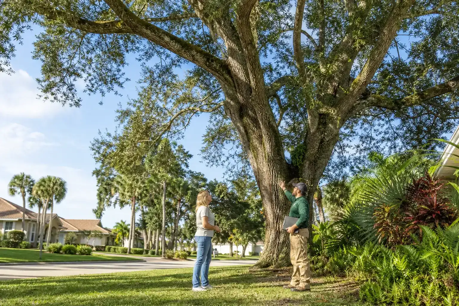 Homeowner and tree care professional discussing a Florida tree for tree services in daytona beach fl | fast & affordable