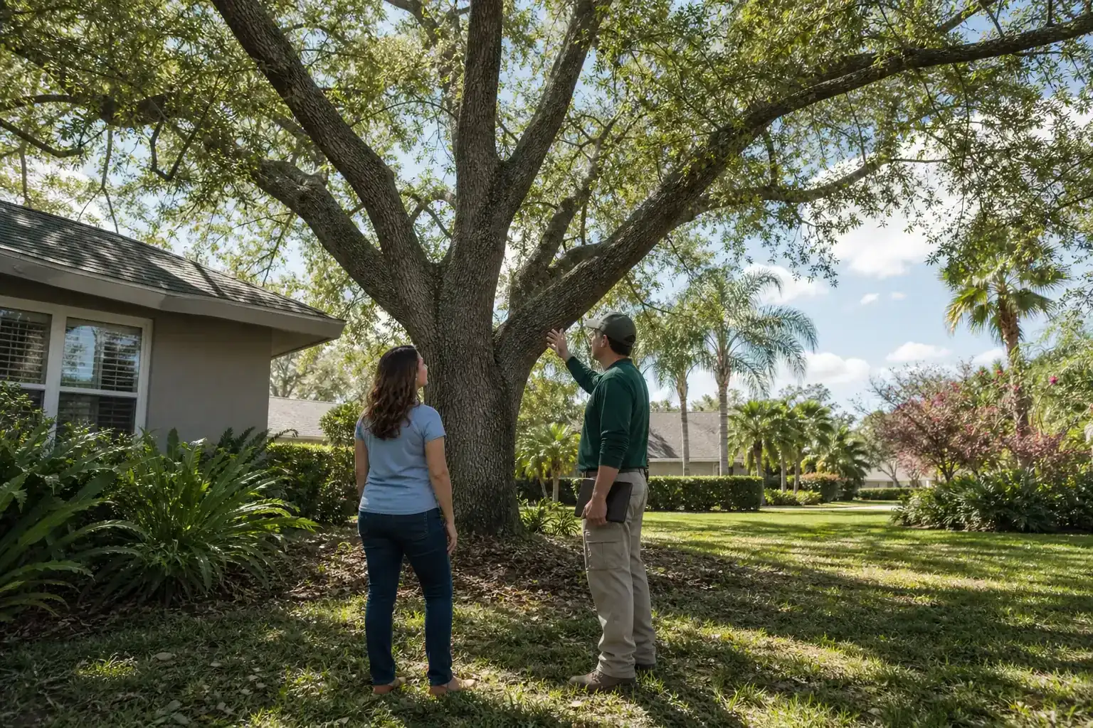 Homeowner and tree care professional discussing a Florida tree during a discussion of why choose our fast and reliable tree services in daytona beach, fl