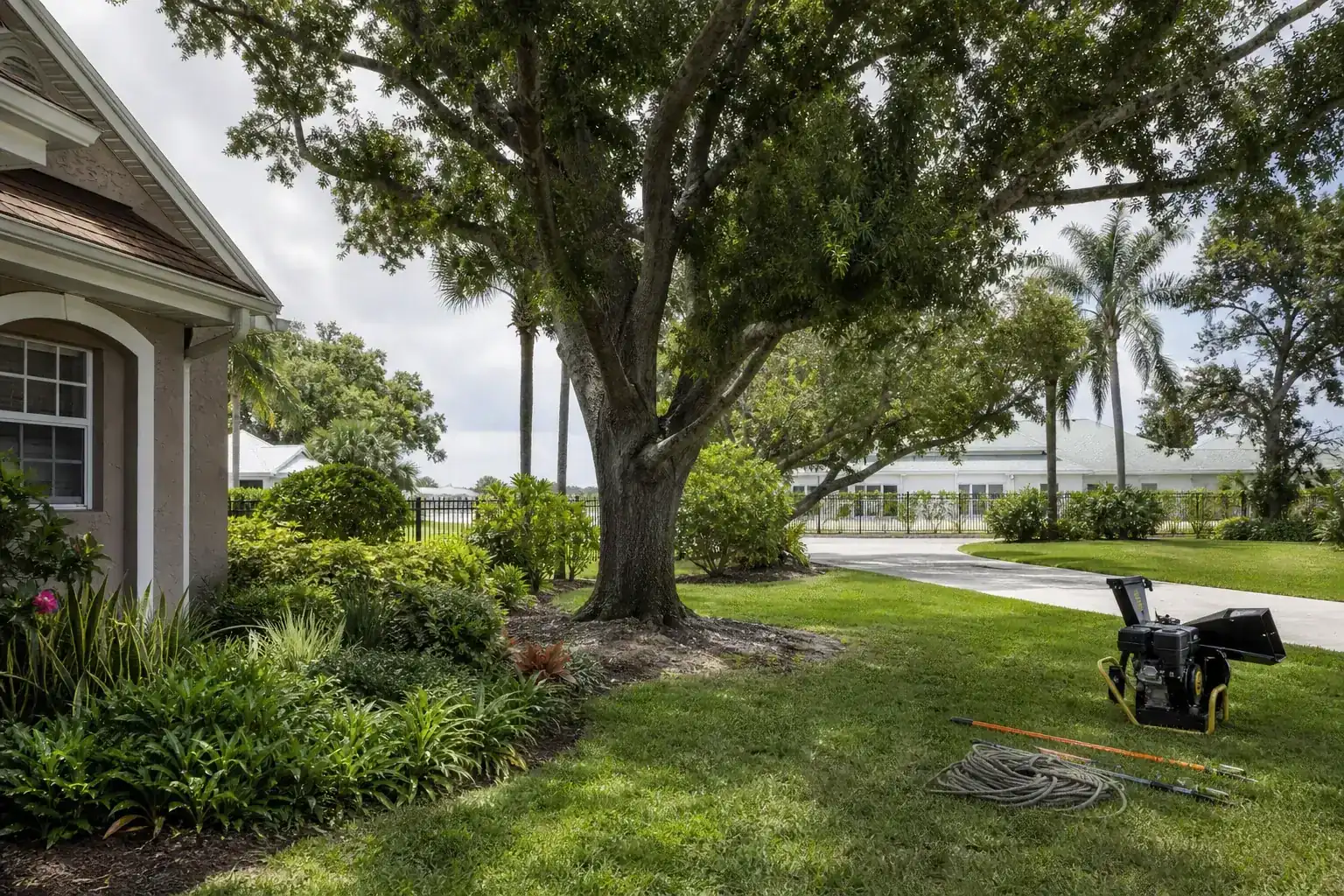 Mature Florida tree in a residential yard during a discussion of salt air and wind impacts on coastal trees