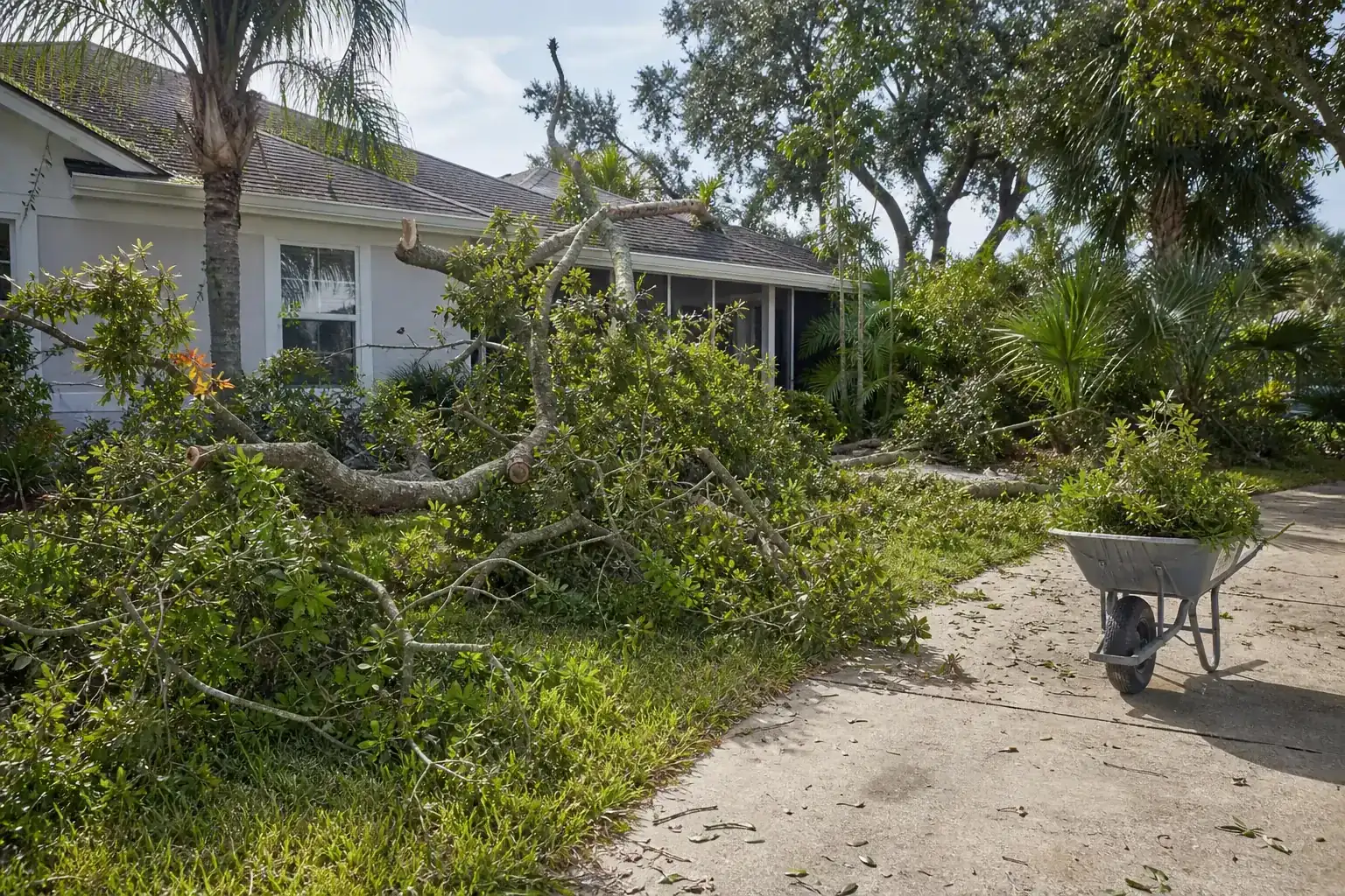 Storm-damaged branches beside a Florida home illustrating why proactive tree care matters in daytona beach Storm-damaged branches beside a Florida home illustrating why proactive tree care matters in daytona beach