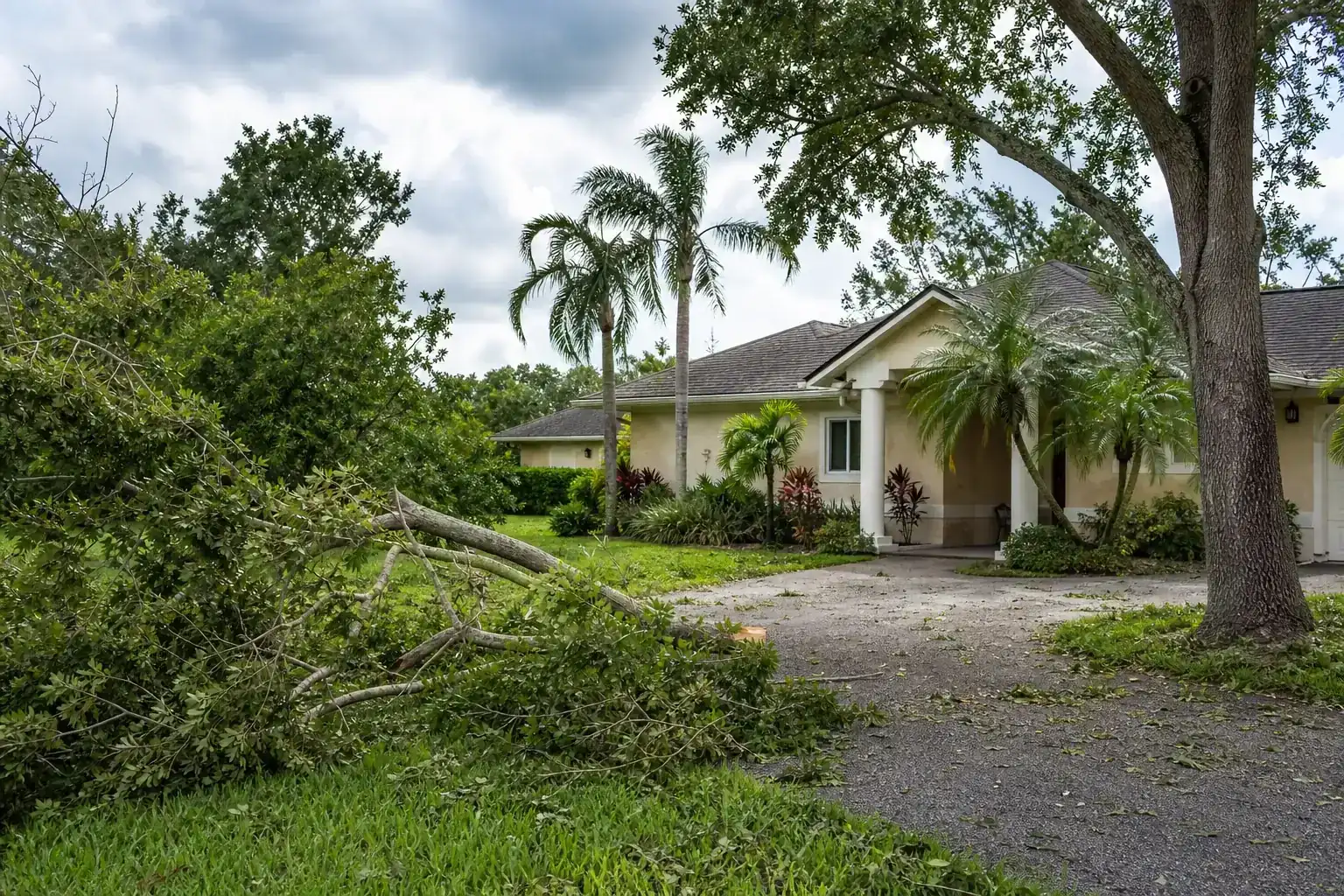 Storm-damaged branches beside a Florida home for tree services in sanford fl | storm prep & cleanup