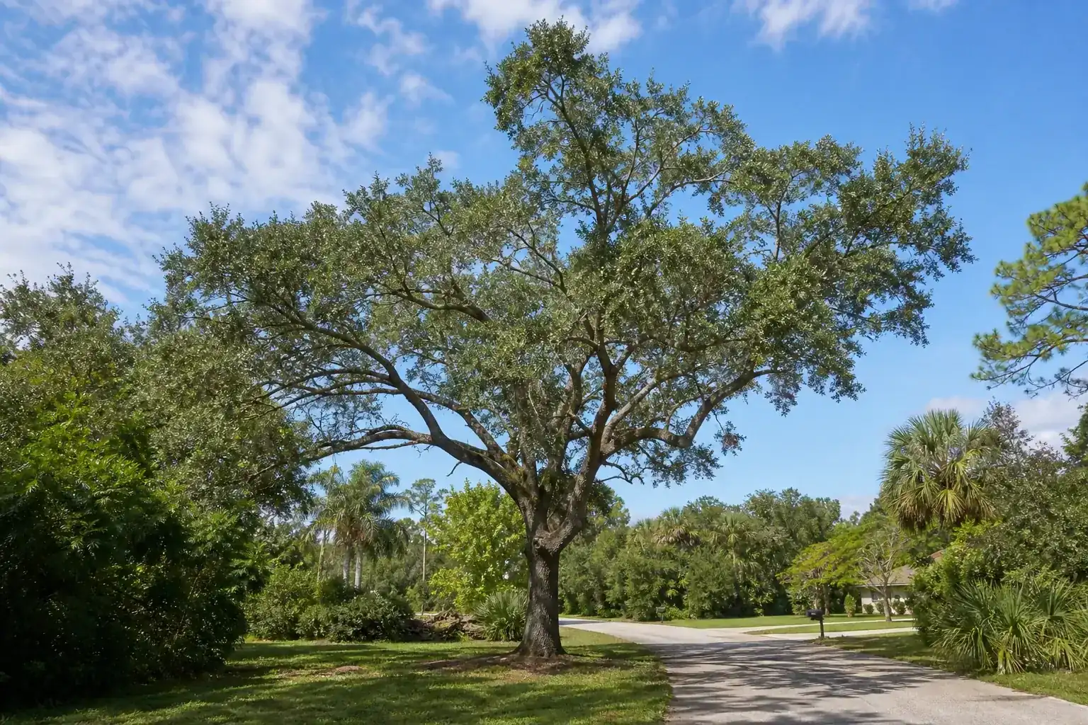 Mature Florida shade tree with branches ready for trimming for tree trimming for safer, clearer delivery routes Mature Florida shade tree with branches ready for trimming for tree trimming for safer, clearer delivery routes